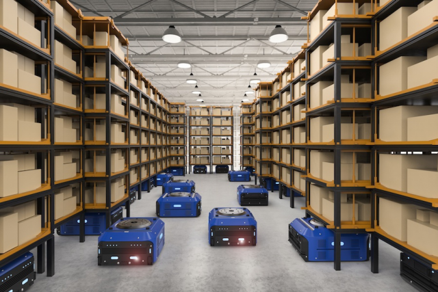 Photo of mobile robots in warehouse