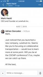 Adrian Gonzalez message to Mark Hackl from Lanehub via LinkedIn