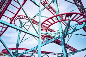 Roller coaster tracks in an amusement park.
