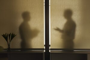 Abstract shadows of two businessman in a meeting behind a window.