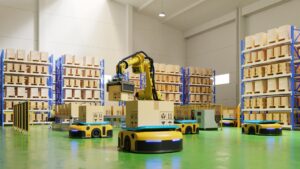 Factory Automation with AGV and robotic arm in transportation.