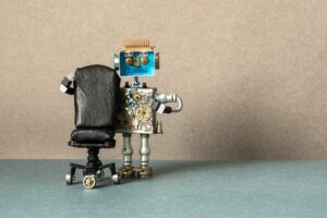 Job search recruitment concept. Robot office manager stands near comfortable black leather chair.