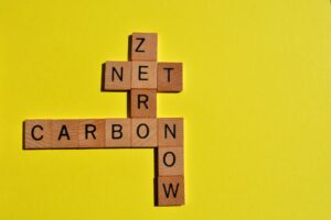 Net, Zero, Carbon, Now, words in wooden alphabet letters in crossword form isolated on yellow