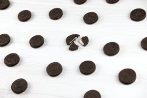Oreo sandwich cookies on white table. Oreo is a sandwich cookie with a sweet cream is the best sell