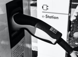 Black and white picture of electric charging station
