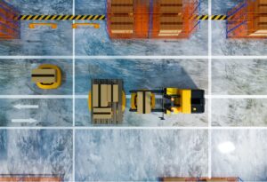 top view of warehouse with working AGV and lifting vehicle robot working