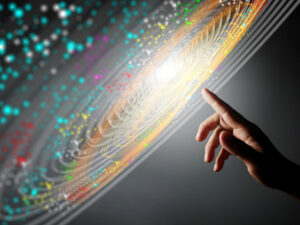 Finger touching Ai technology, future cyberspace, Digital neural network, Big Data concept