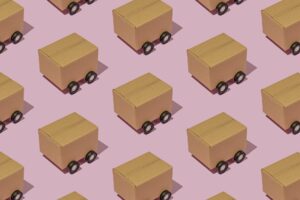 Cardboard boxes on wheels like trucks carry parcels and make deliveries.