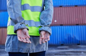 Hands, man and arrest of engineer in handcuffs for theft, crime or fraud. Corruption, law and logis