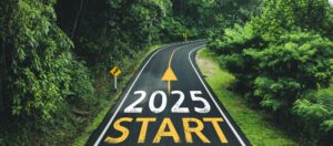 New Year 2025 Concept, Starting New Year 2025 in the middle of a road in a green forest