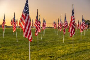 A field of American flags at sunset